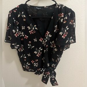 Madewell Botanical Print Wrap Top In True Black